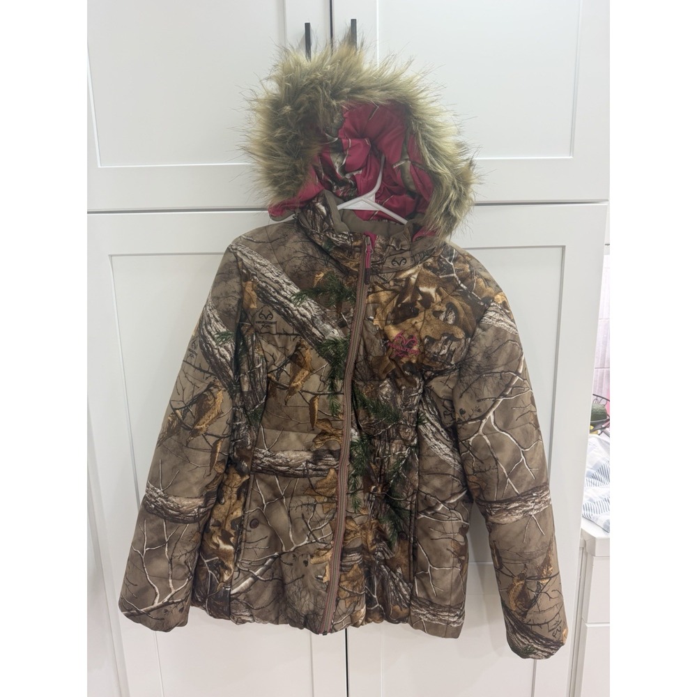Realtree Xtra Camo Puffer Jacket Womens L Pink Faux Fur Hood Hunting Gorpcore
